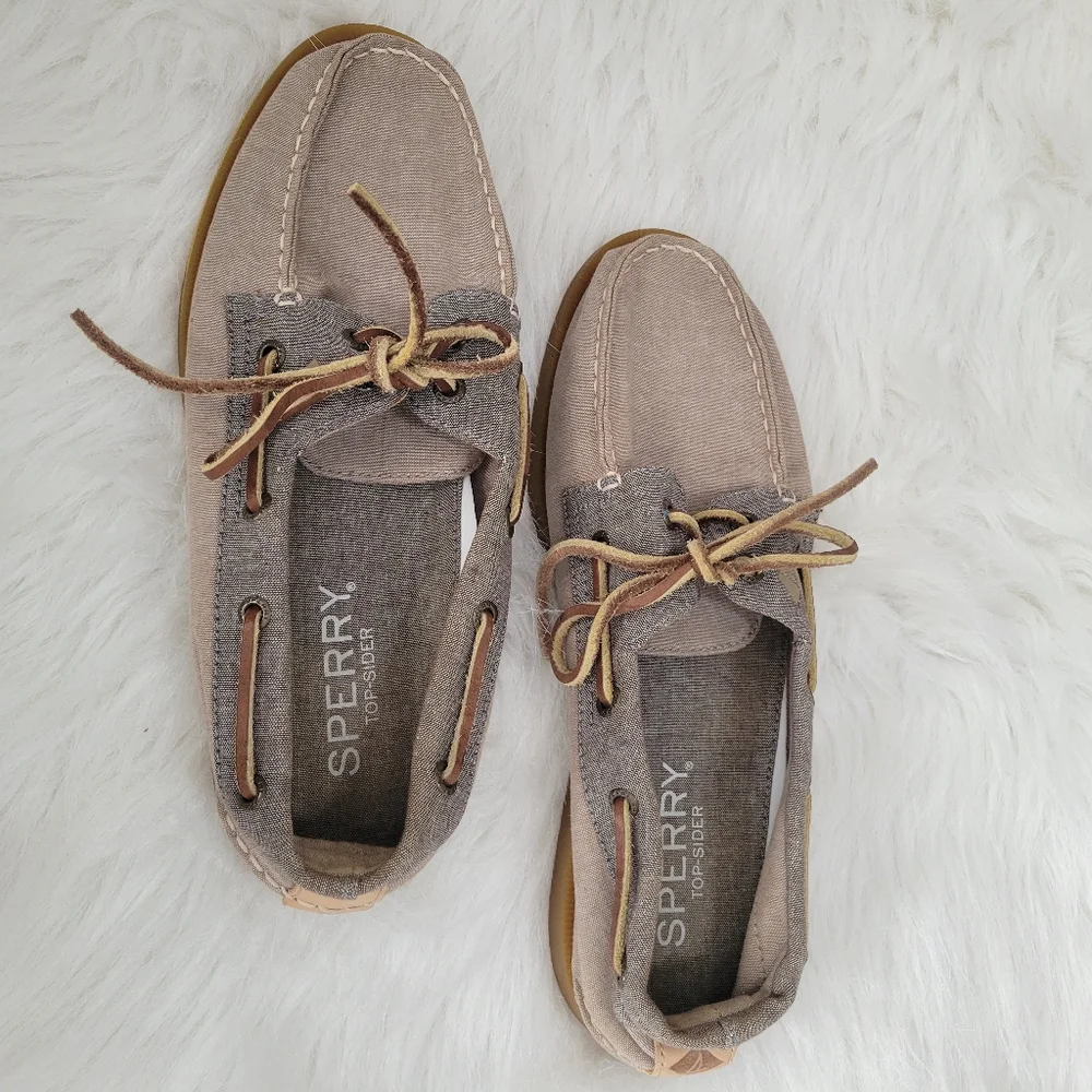 Sperry Top-Sider Boat Shoes Linen & Leather 9 EUC Beige & Blue - Picture 12 of 14